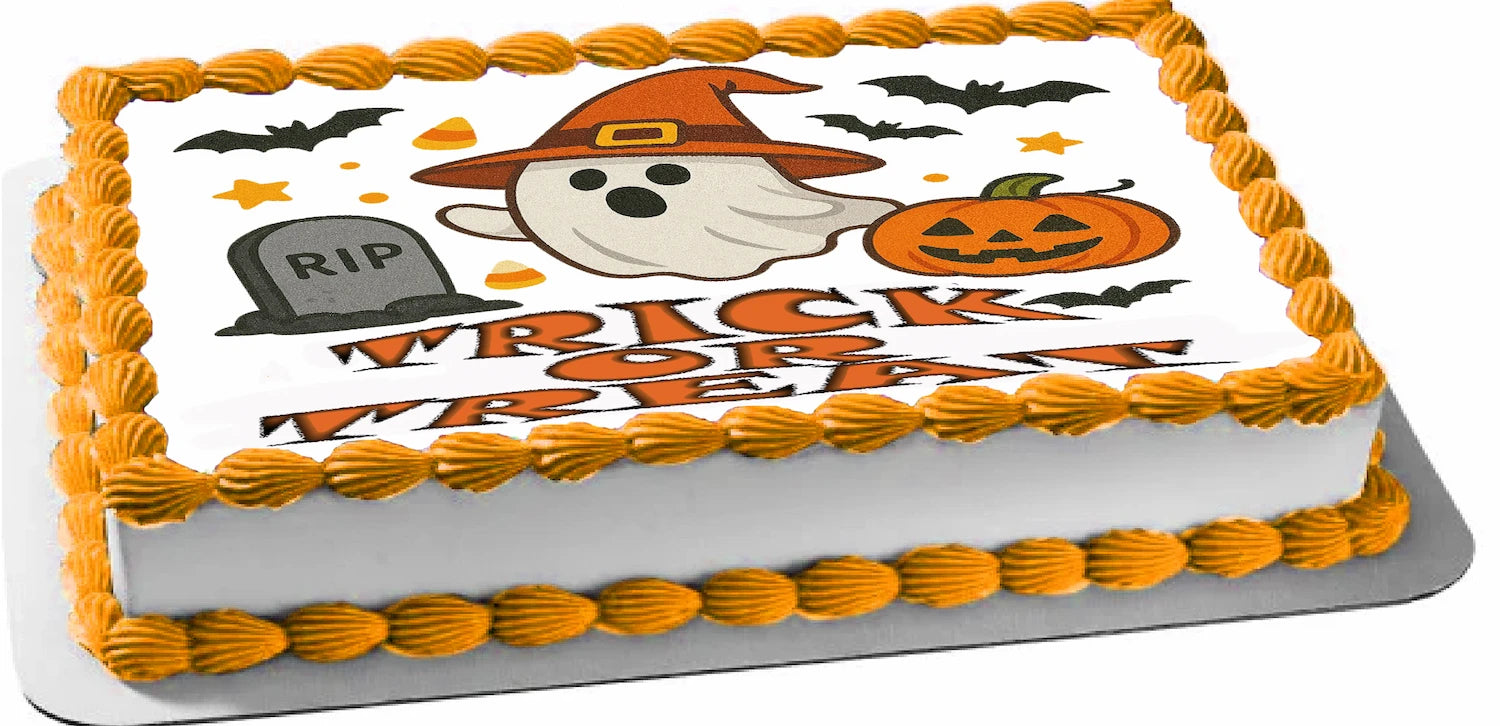 Halloween-themed Icing Images topper with ghost, pumpkin, and text 