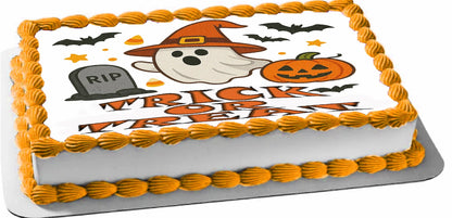 Halloween-themed Icing Images topper with ghost, pumpkin, and text 