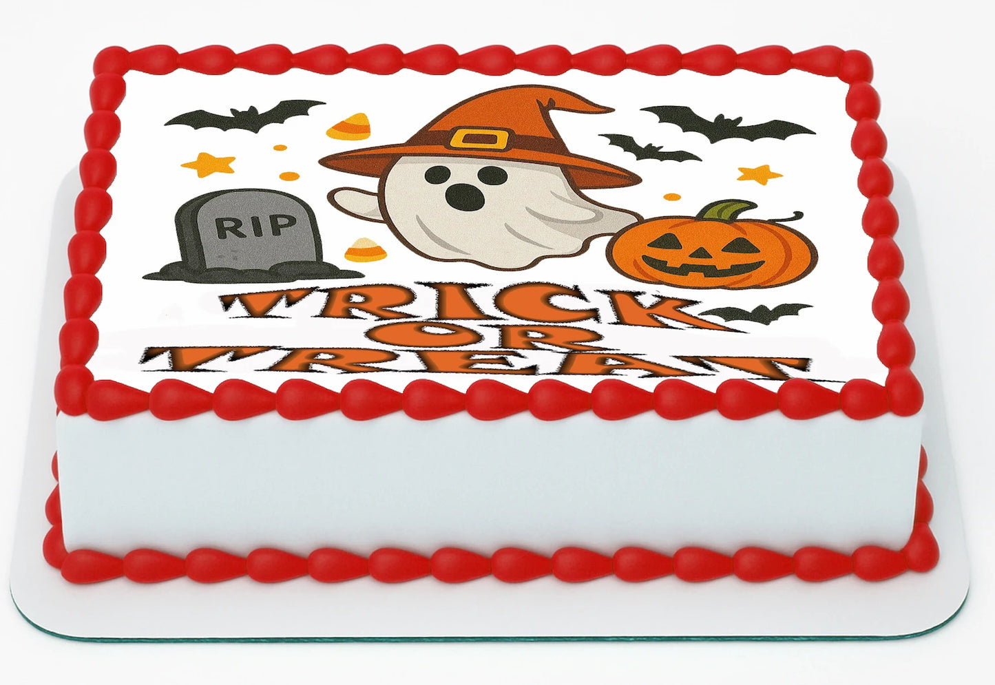Custom Edible Cake Topper – Halloween Ghostly Treats Design – 1/4 Sheet Cake (9x13) – Precut Icing Sheet – RA Pape