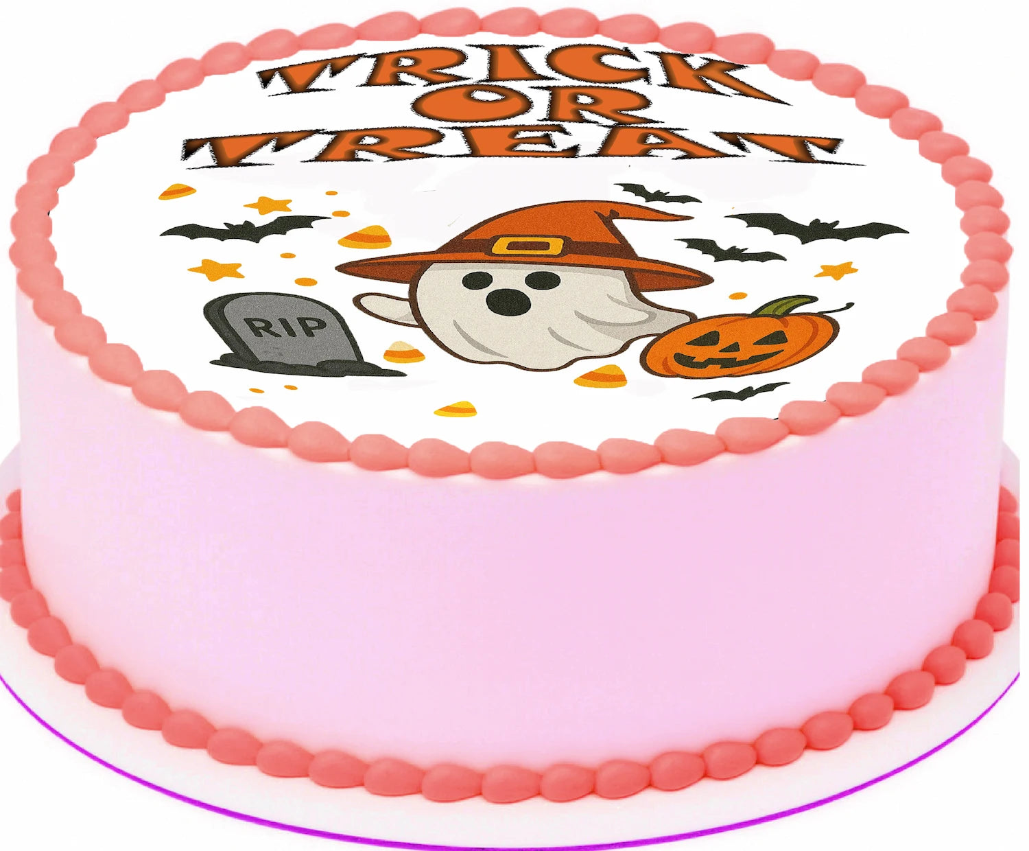 Halloween-themed Ghost Treats Edible Image Cake Topper, pumpkin, and 'Trick or Treat' text.