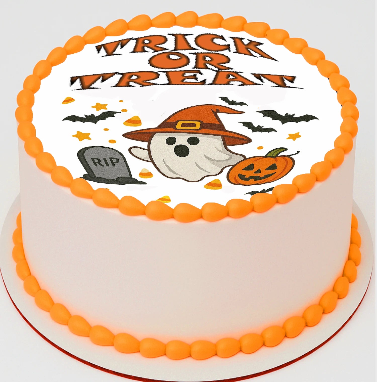 Halloween cake with ghost,pumpkins, and 'Happy Halloween' text