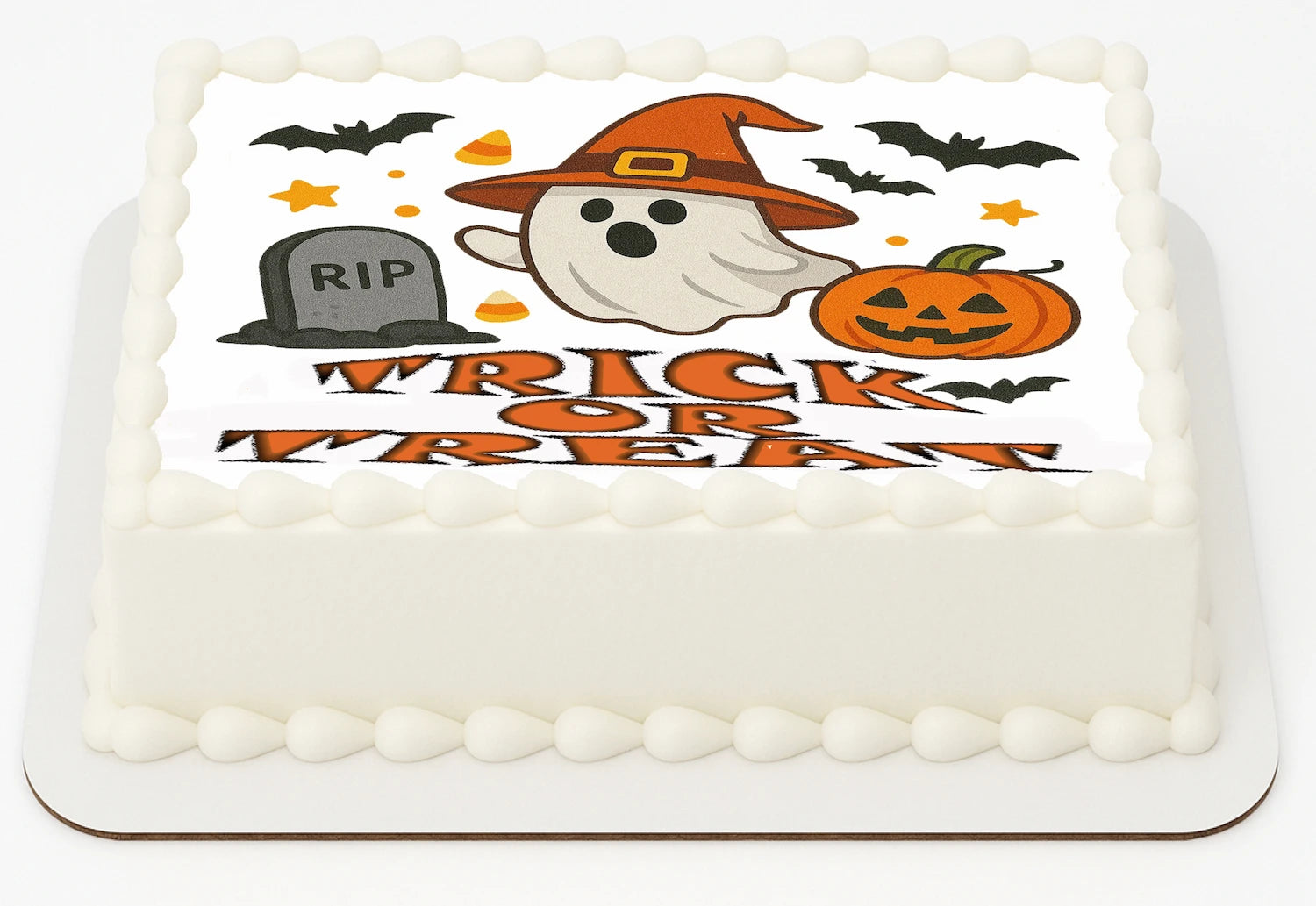 Halloween-themed Icing Images cake topper with ghost, pumpkin, and 'Trick or Treat' text