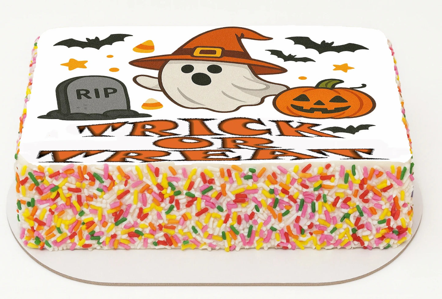 Halloween-themed Icing Image topper with ghost, pumpkin, and 'Trick or Treat' text.