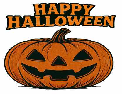 Happy halloween with a image of a jack o lantern edible icing image cake topper.