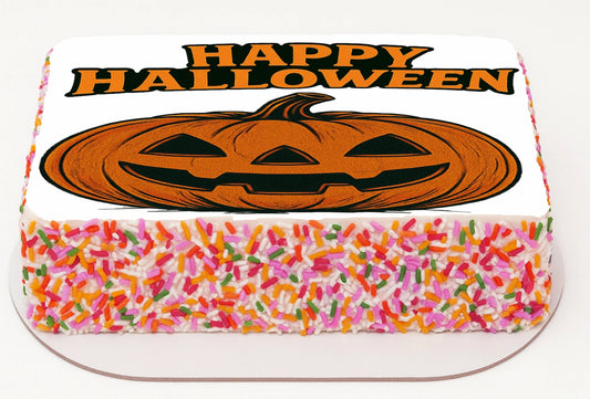 Custom Edible Cake Topper – Halloween Jack O Lantern Design – 1/4 Sheet Cake (9x13) – Precut Icing Sheet – RA Pape