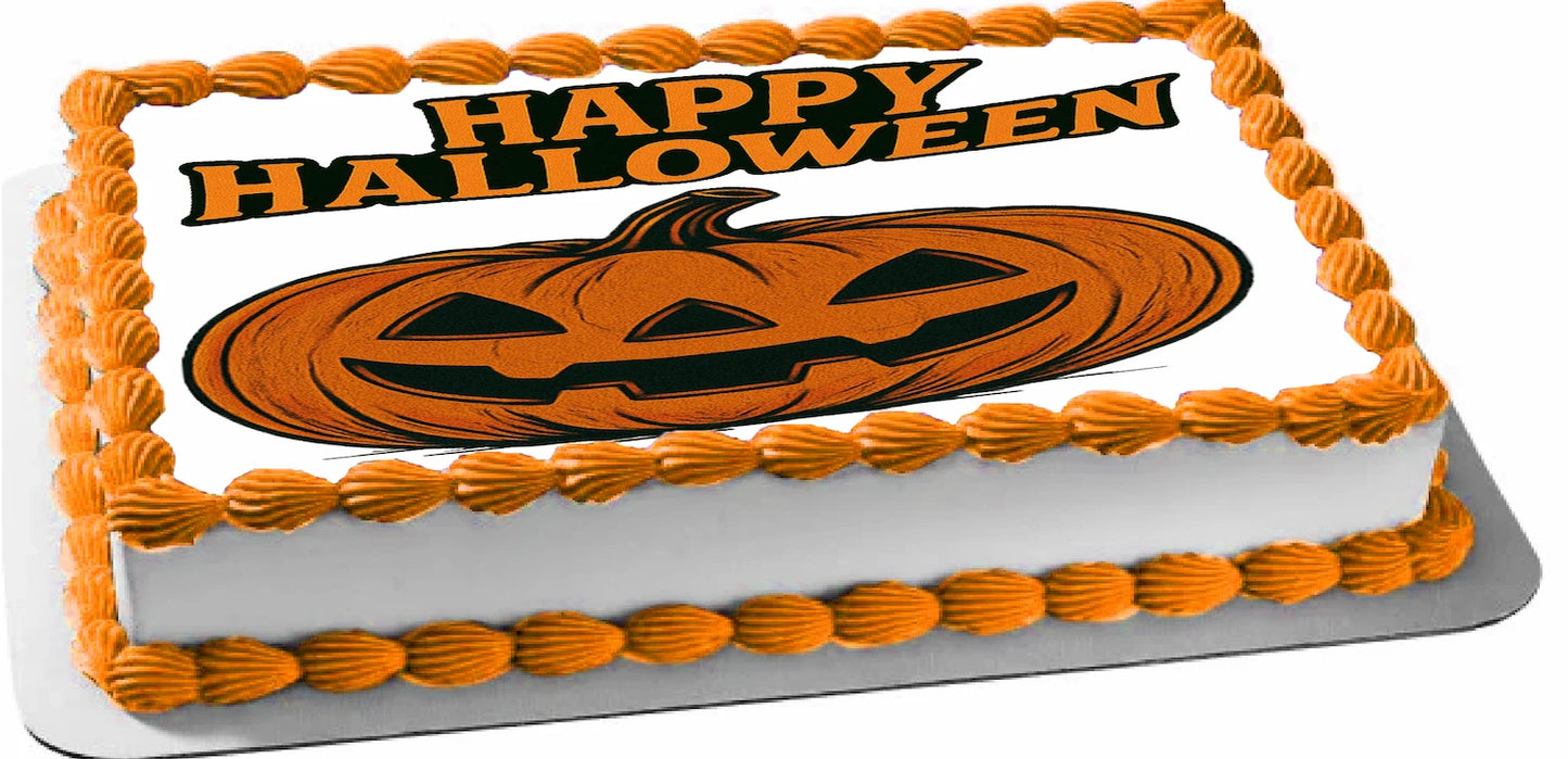 Halloween-themed Edible Icing Images with pumpkin design and 'Happy Halloween' text
