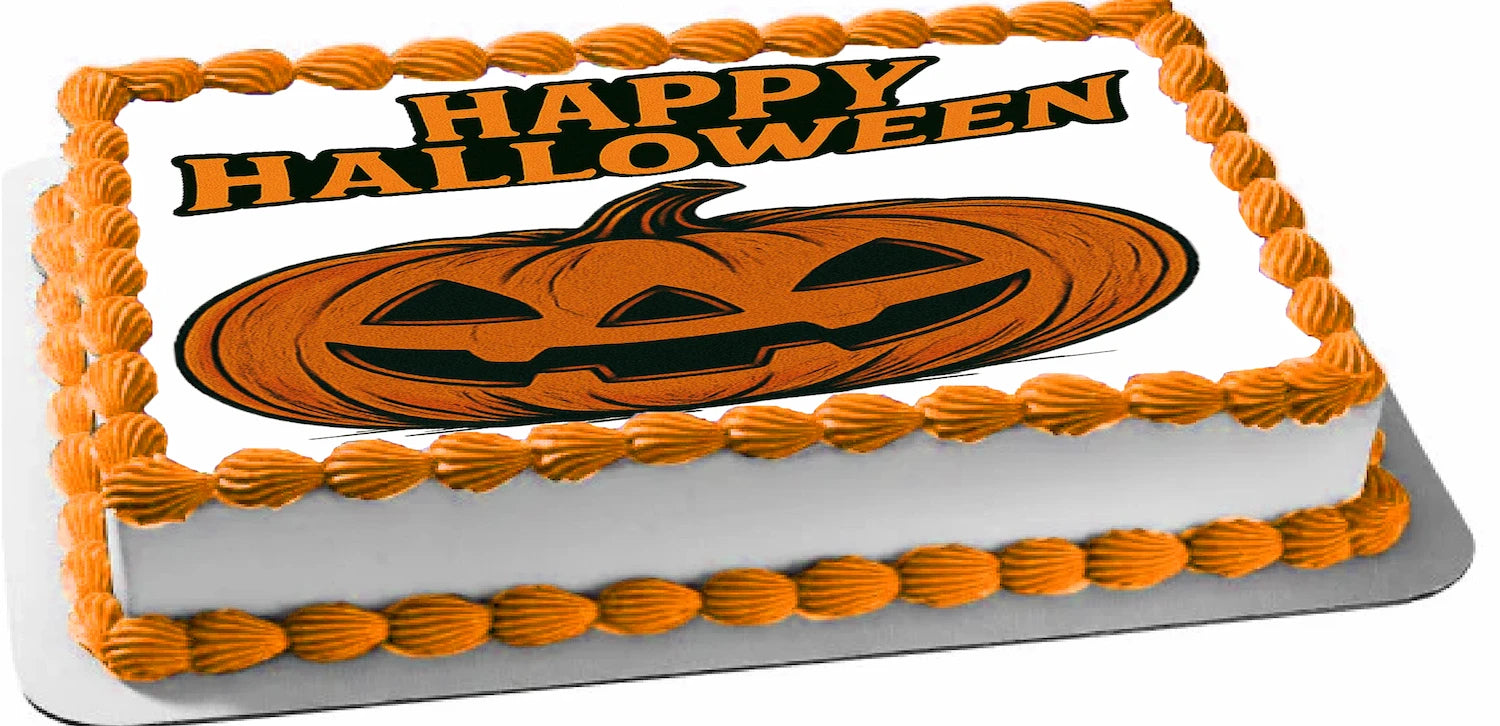Halloween-themed Edible Icing Images with pumpkin design and 'Happy Halloween' text