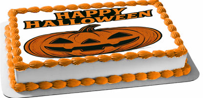 Halloween-themed Edible Icing Images with pumpkin design and 'Happy Halloween' text