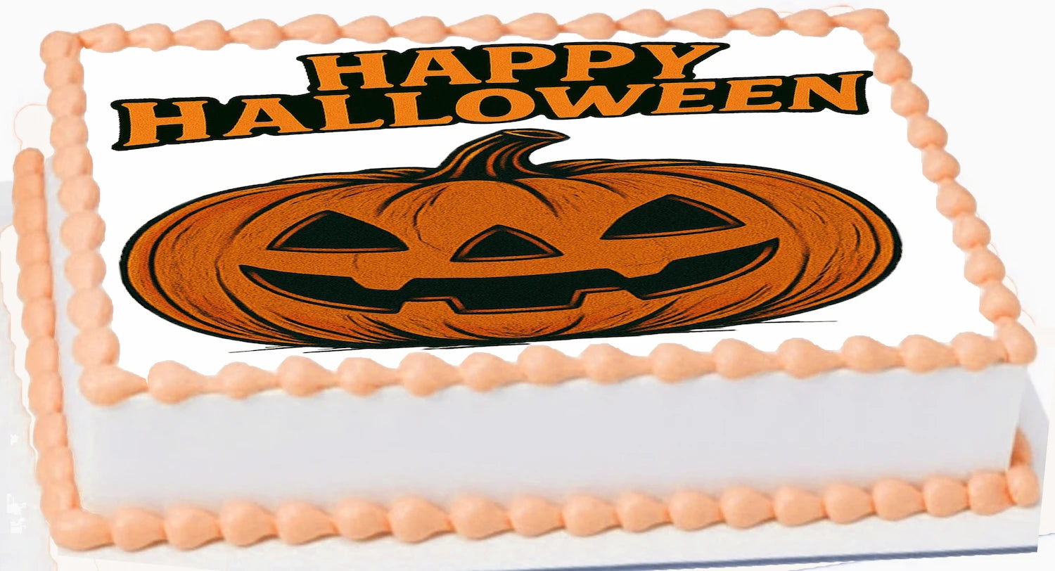 Halloween-themed Icing Images topper with pumpkin and 'Happy Halloween' text