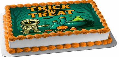 Halloween-themed Icing Images topper with mummy and potion design