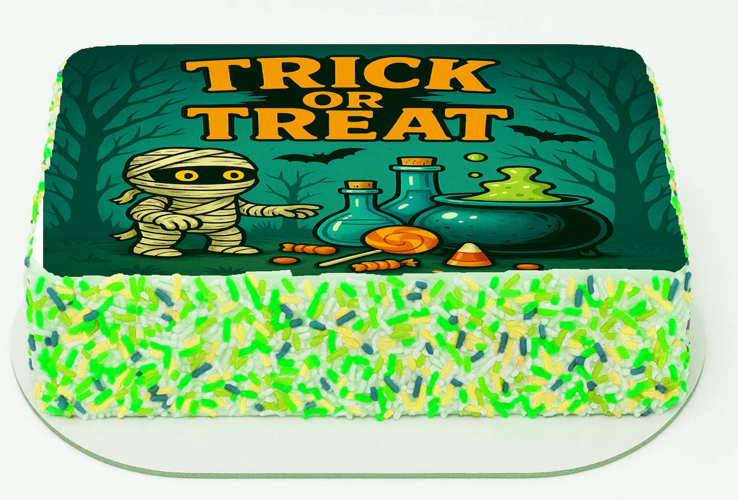 Custom Edible Cake Topper – Halloween Mummy's Candy Lab Design – 1/4 Sheet Cake (9x13) – Precut Icing Sheet – RA Pape