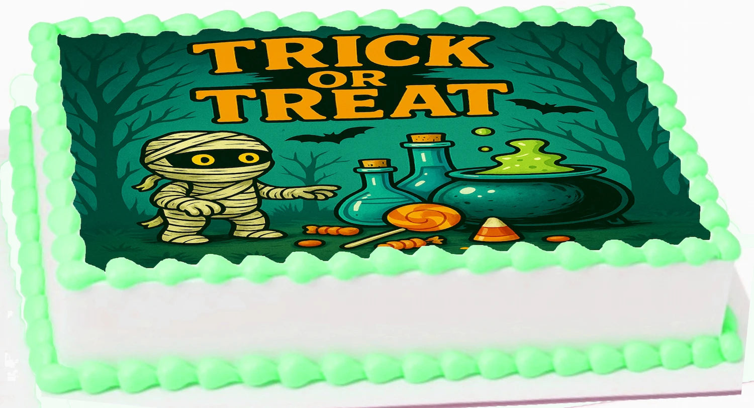 Halloween-themed Icing topper with mummy and potion bottles on a green background.