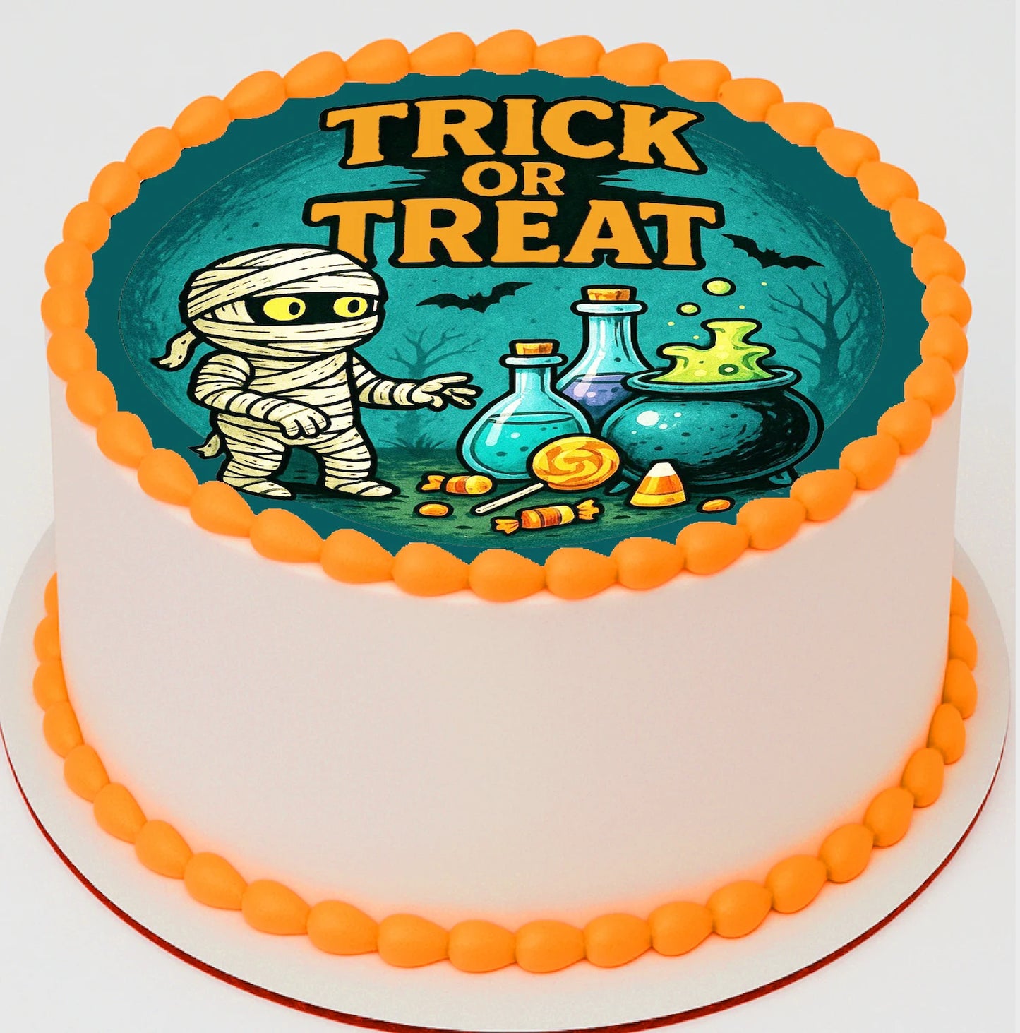 Halloween edible image with 'Trick or Treat' text image of mummy and candy