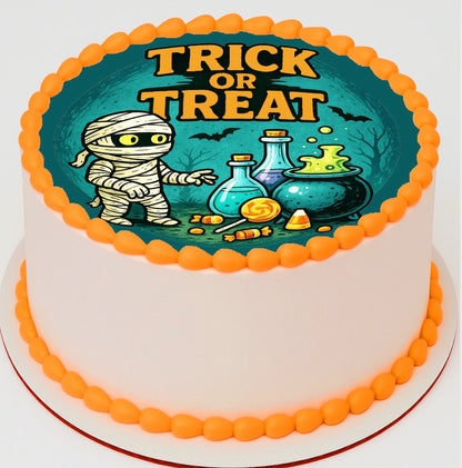 Halloween edible image with 'Trick or Treat' text image of mummy and candy