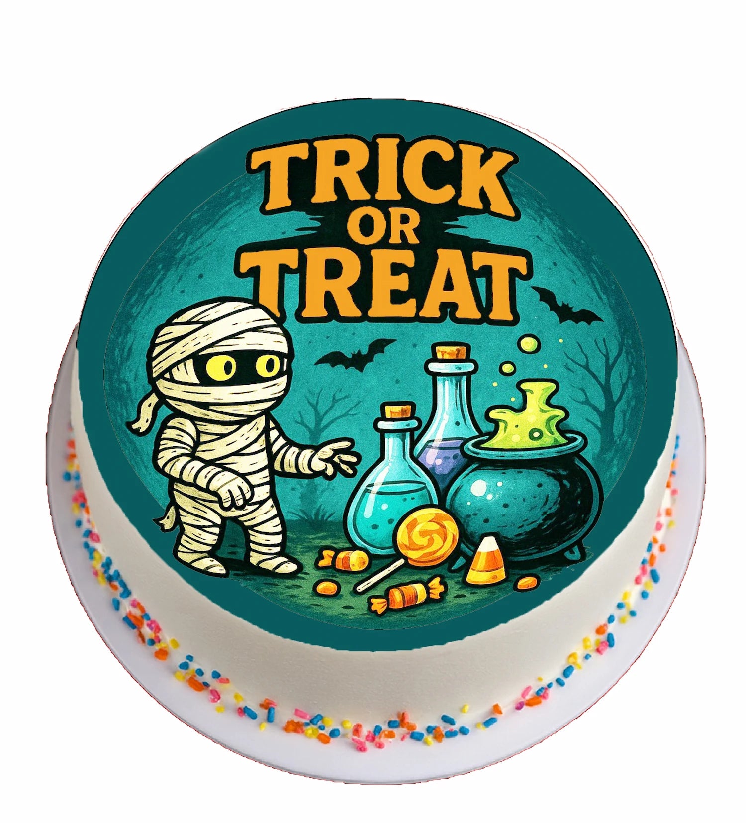 Halloween-themed cake topper with mummy mixing up candy in a witches lab