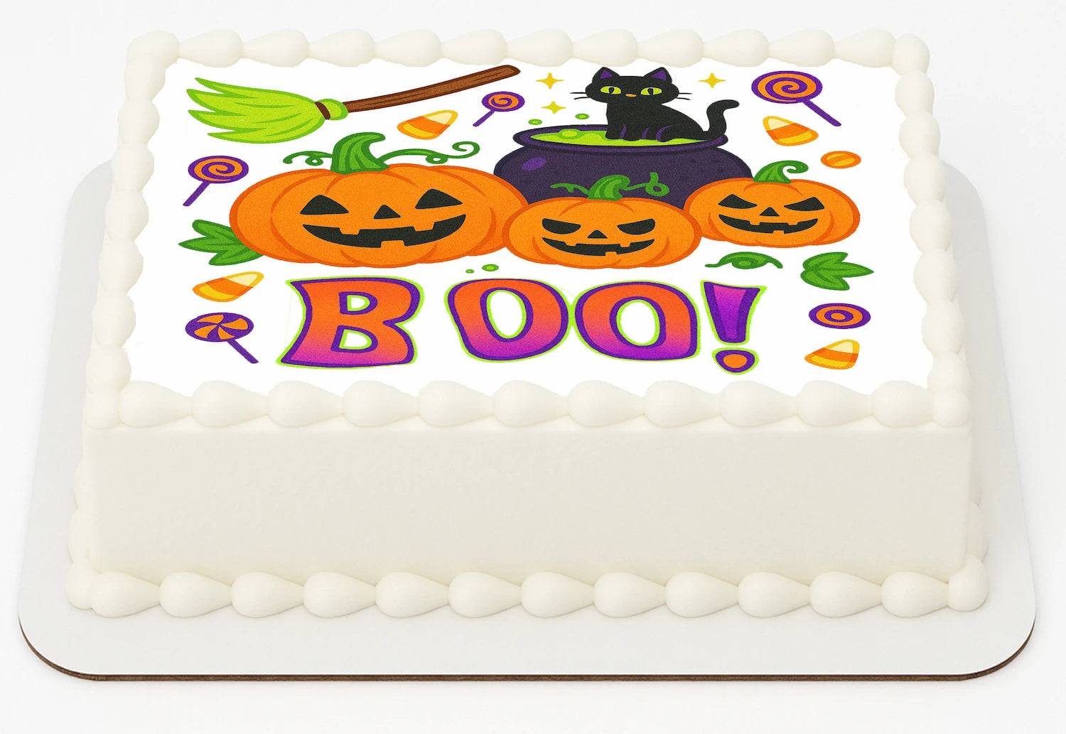 Halloween-themed Icing Image with pumpkins, a black cat, and the word 'BOO!' on a white background.