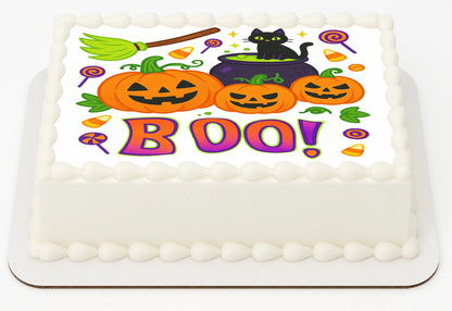 Halloween-themed Icing Image with pumpkins, a black cat, and the word 'BOO!' on a white background.
