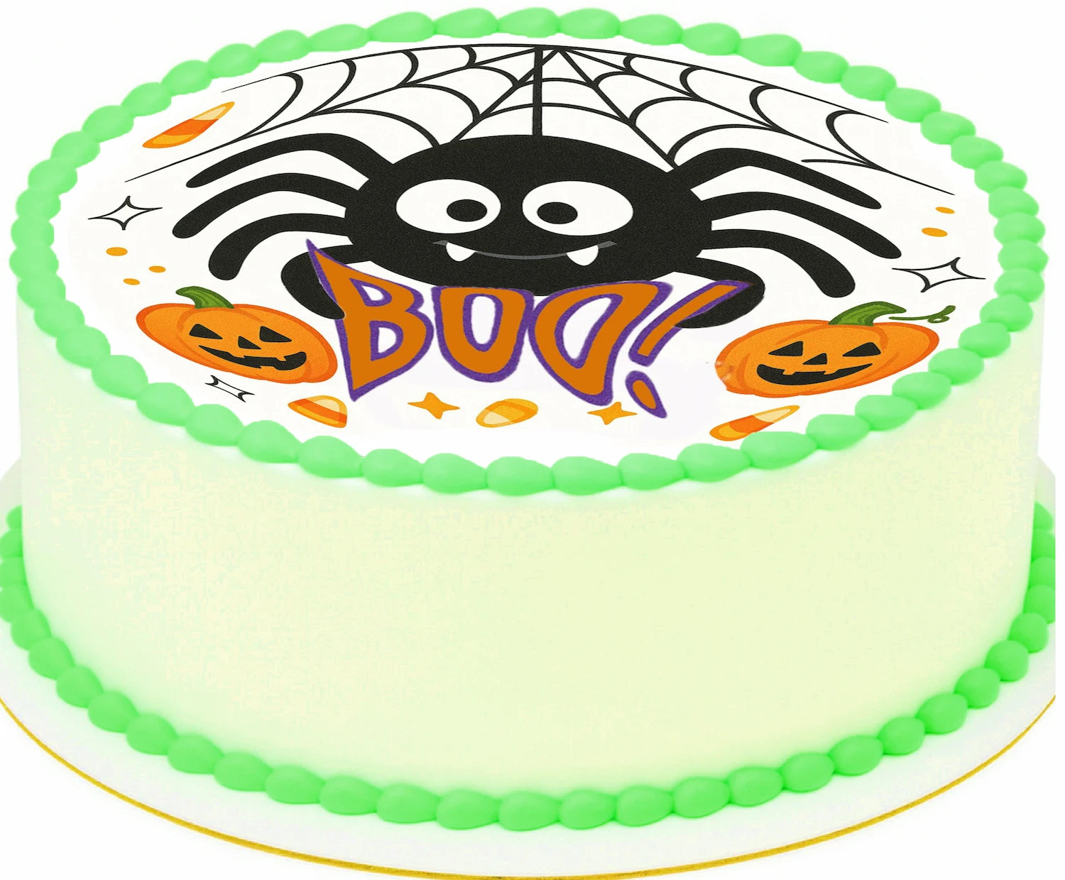 Halloween-themed cake with spider sayinng 'boo' and pumpkins 