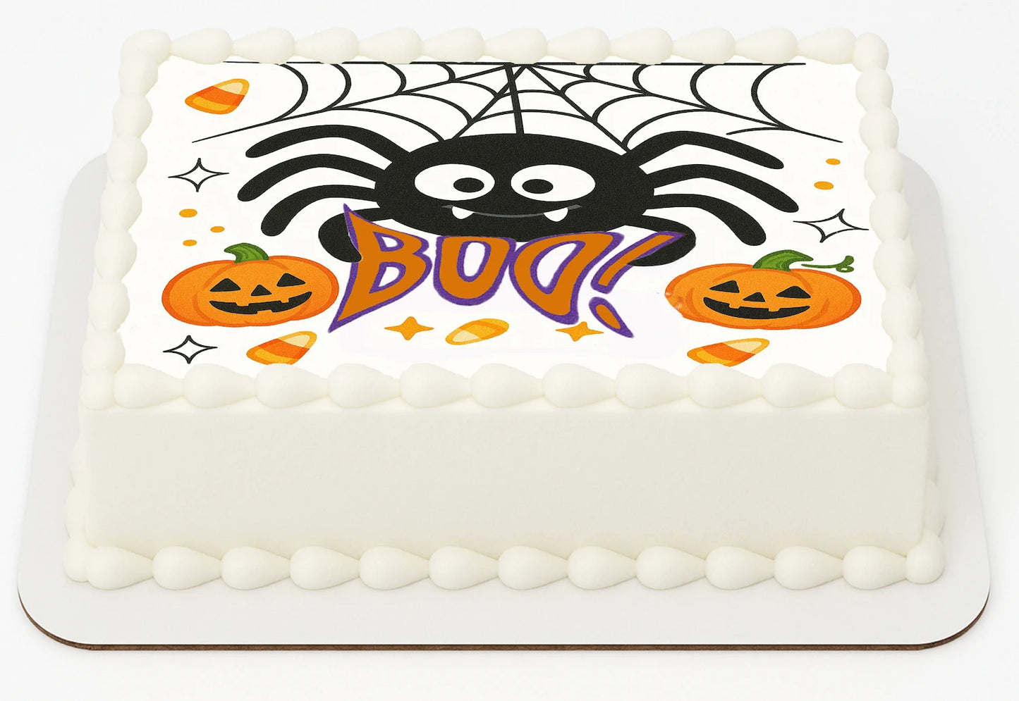 Halloween-themed Edible Icing Images with spider, pumpkins, and 'BOO'