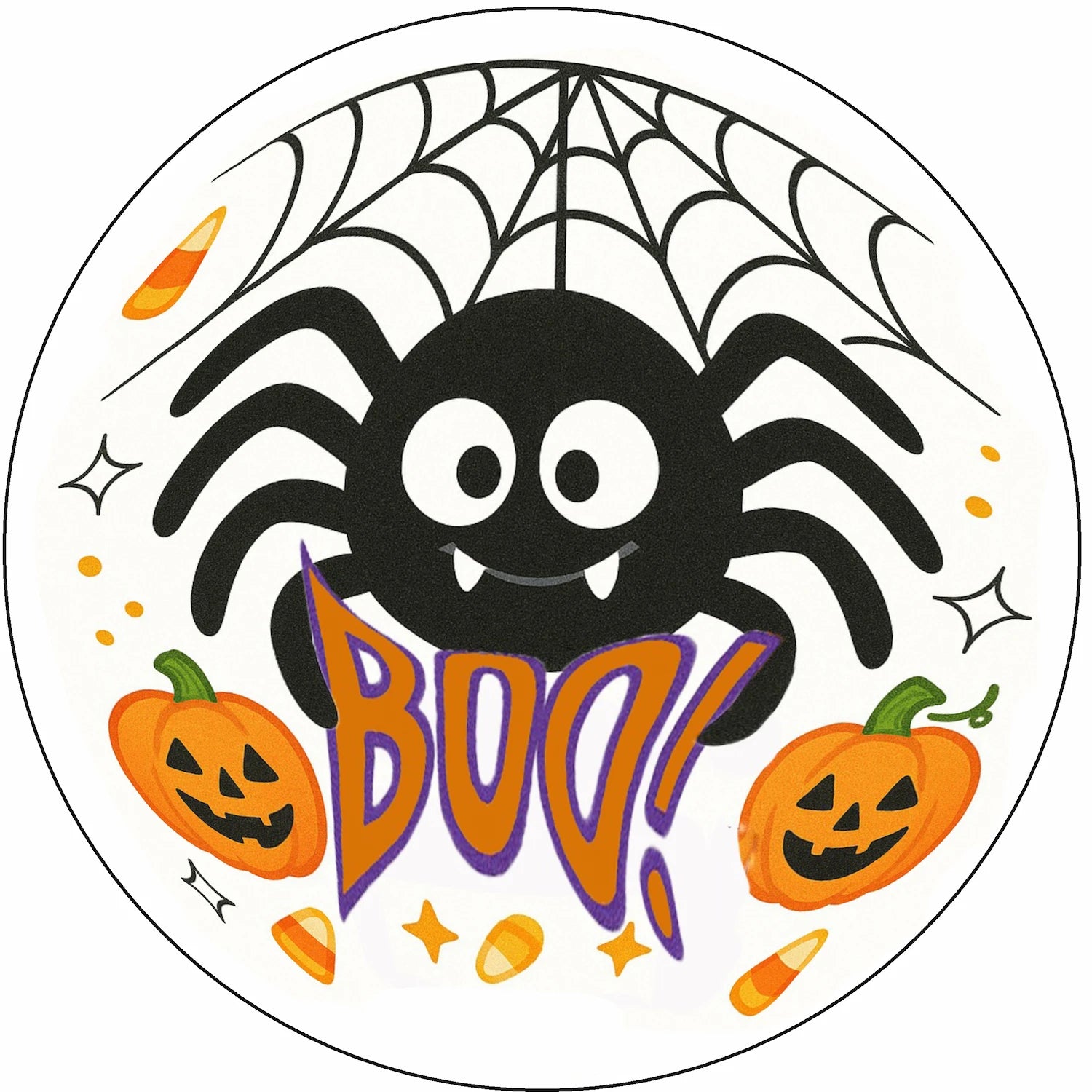 Halloween-themed sticker with a spider, pumpkins, and the word 'BOO!' 