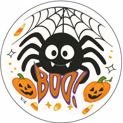 Halloween-themed sticker with a spider, pumpkins, and the word 'BOO!' 