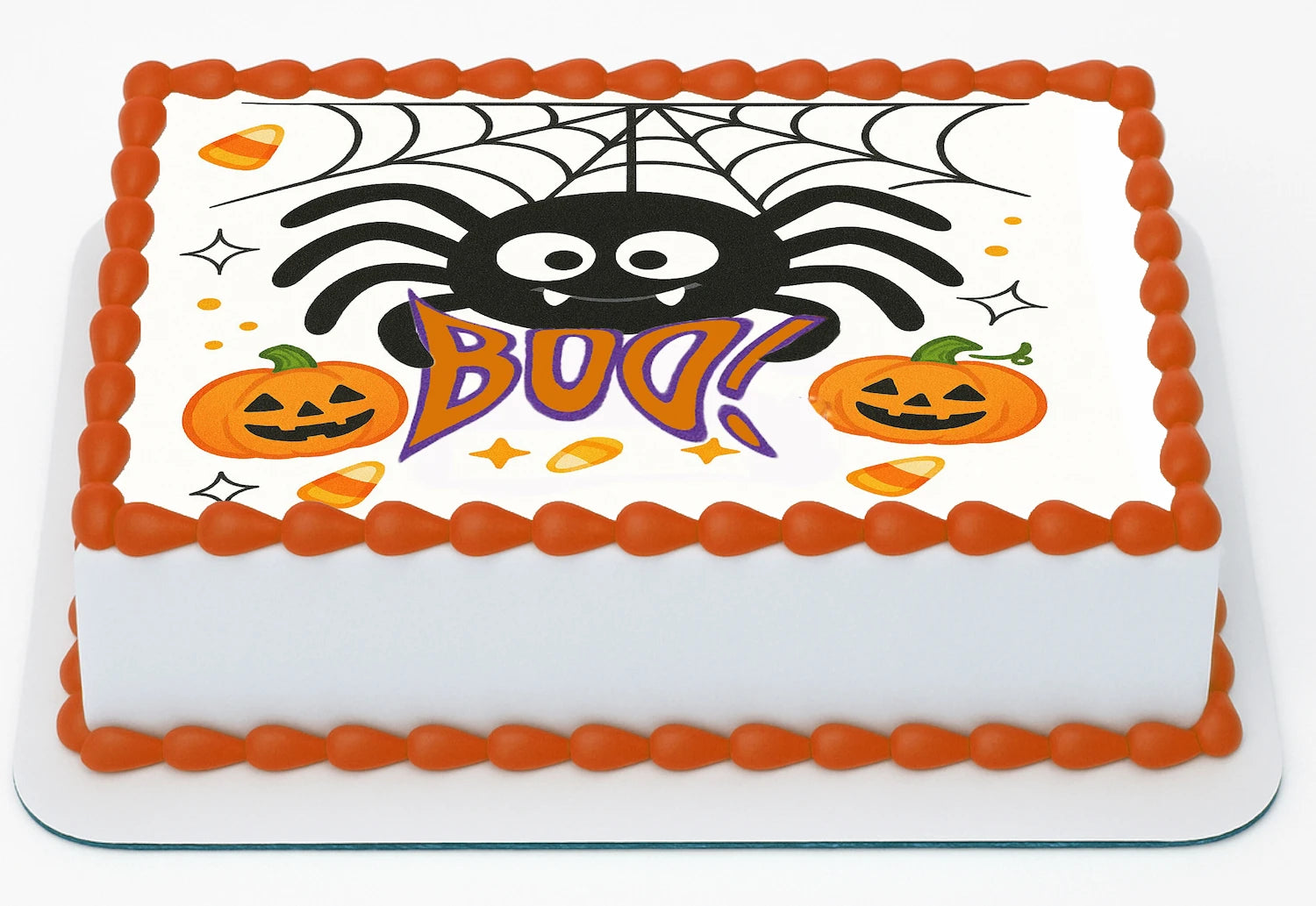 Halloween-themed Edible Icing Images with spider, pumpkins, and 'BOO!' text