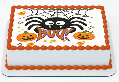 Halloween-themed Edible Icing Images with spider, pumpkins, and 'BOO!' text