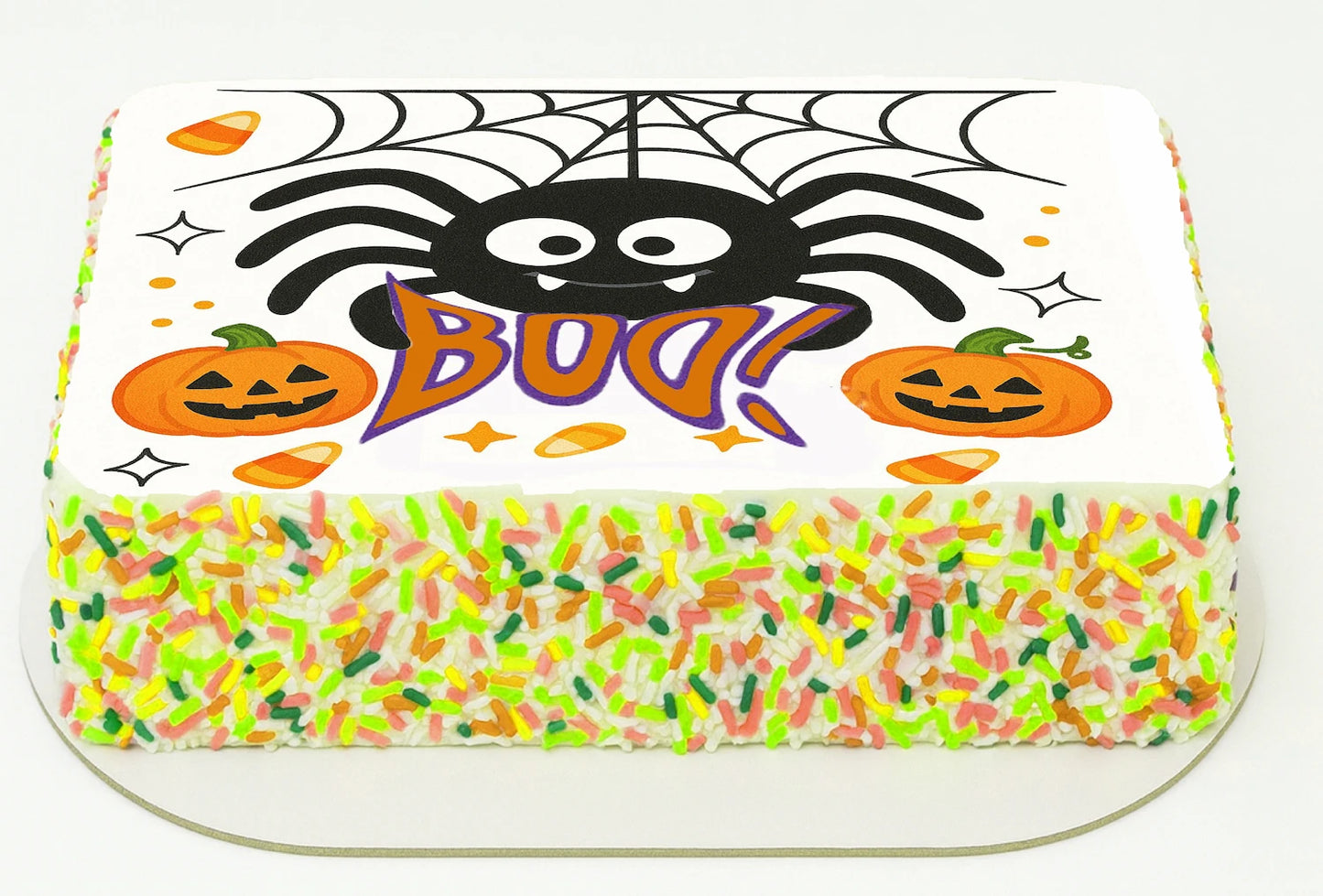 Custom Edible Cake Topper – Halloween Spider Says Boo Design – 1/4 Sheet Cake (9x13) – Precut Icing Sheet – RA Pape