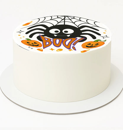 Halloween-themed cake with spider and pumpkins design 