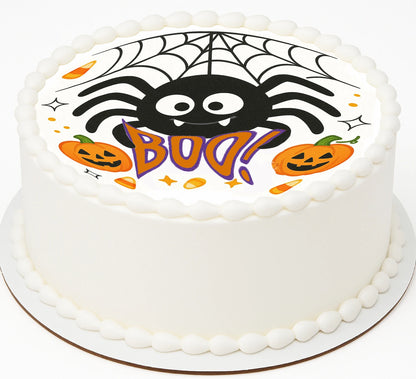 Custom Edible Cake Topper – Halloween Spider Says Boo Design – Pre-cut 8" Round Icing Sheet – RA Pape