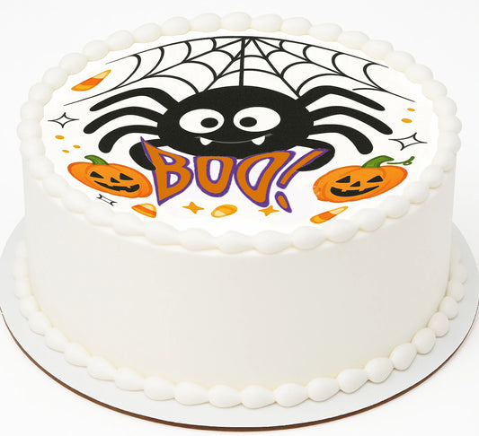 Custom Edible Cake Topper – Halloween Spider Says Boo Design – Pre-cut 8" Round Icing Sheet – RA Pape