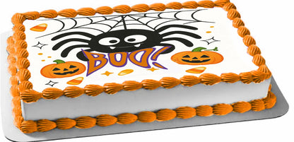 Halloween-themed Icinng Images with spider, pumpkins, and 'BOO!' text