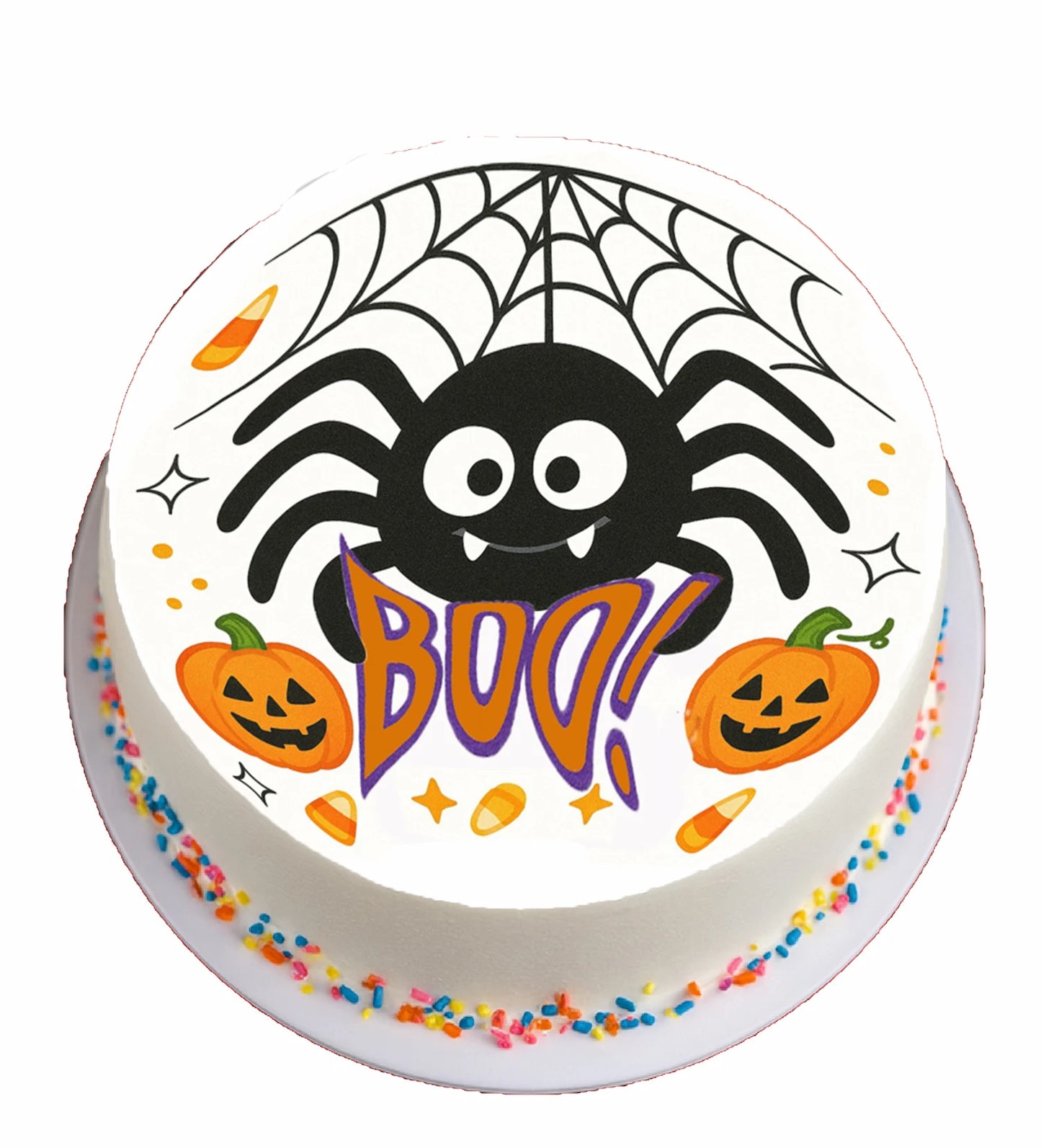 Halloween-themed cake topper with spider, pumpkins, and 'BOO!' text