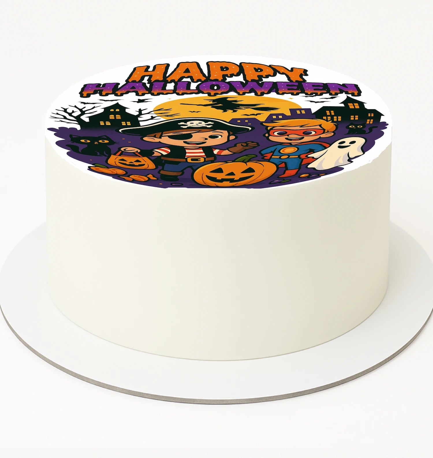 Halloween-themed cake topper with cartoon characters and 'Happy Halloween!' 