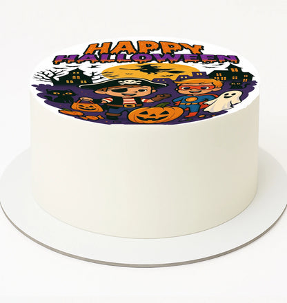 Halloween-themed cake topper with cartoon characters and 'Happy Halloween!' 