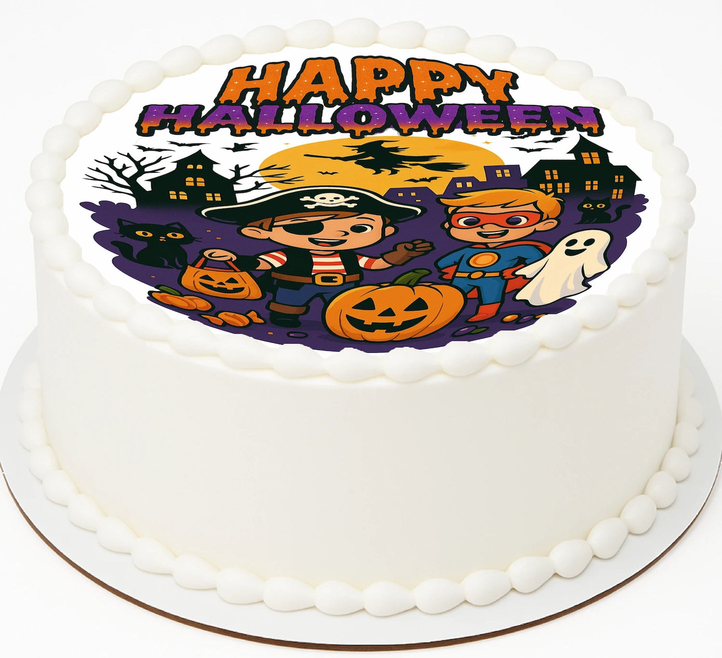Halloween-themed edible  image cake with cartoon characters and pumpkins 