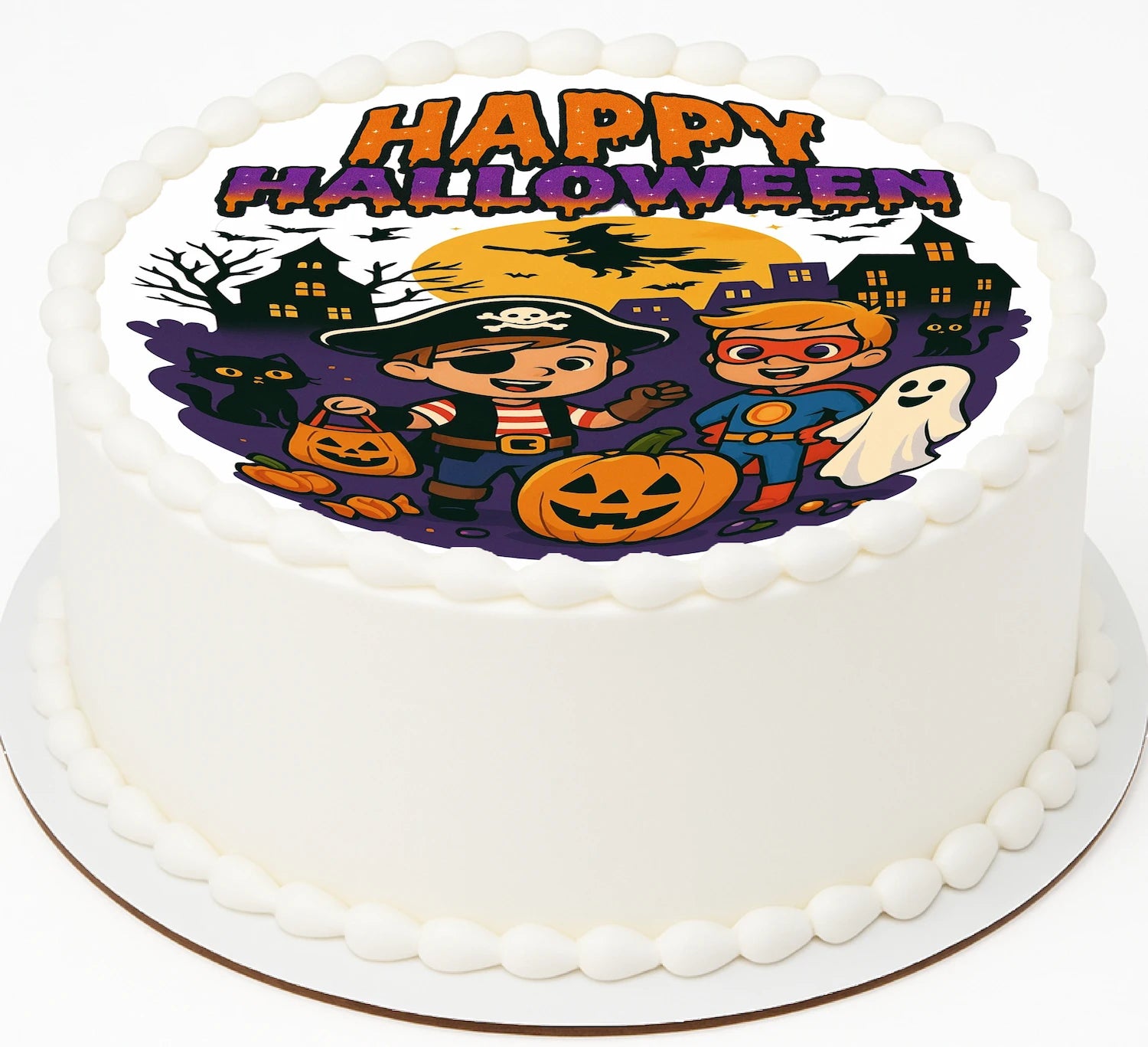 Halloween-themed edible  image cake with cartoon characters and pumpkins 