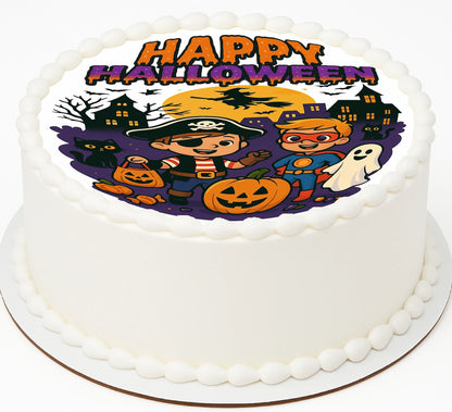 Halloween-themed edible  image cake with cartoon characters and pumpkins 