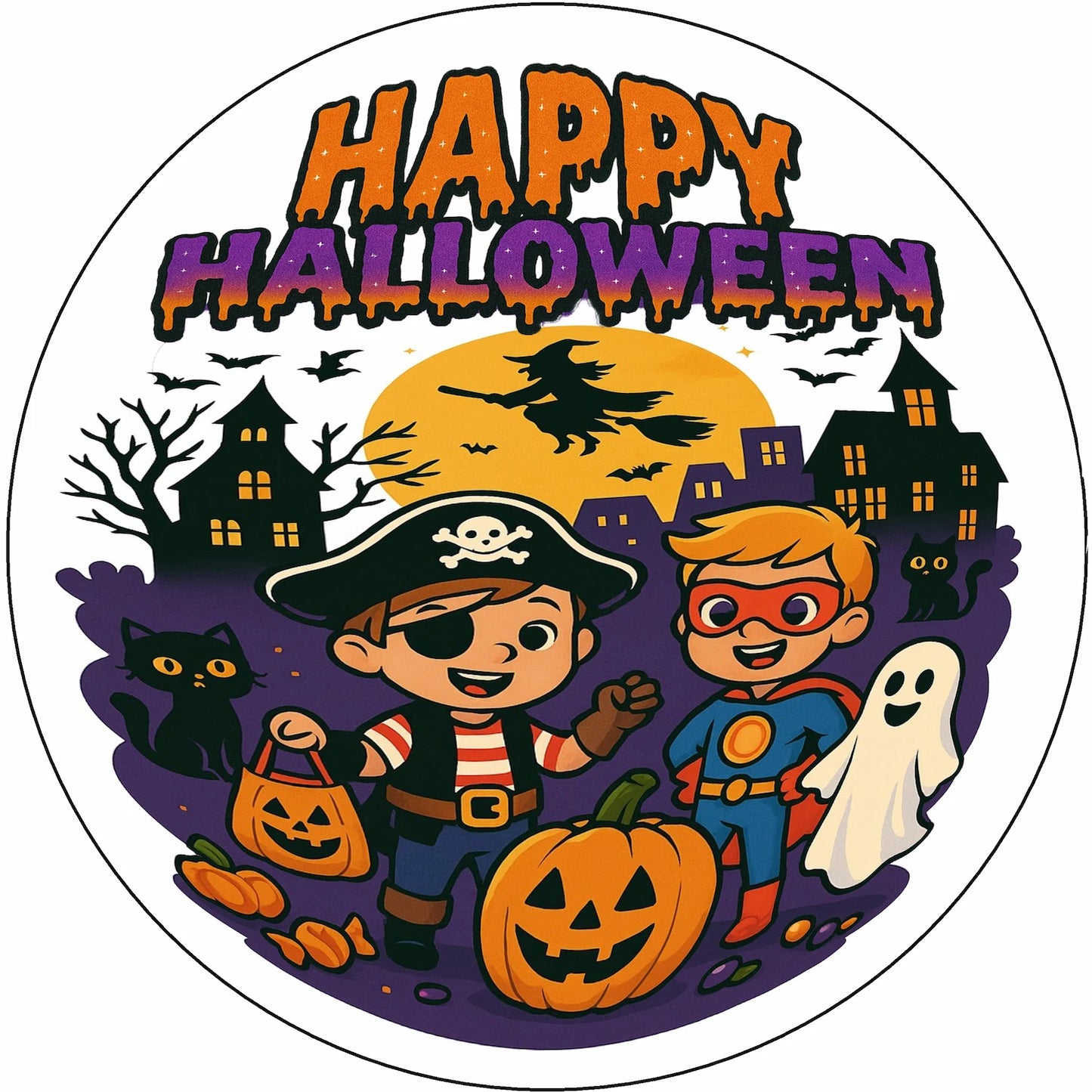 Halloween-themed edible icing image illustrating children, a pirate and a superhero, surrounded by pumpkins, ghosts, and a full moon.