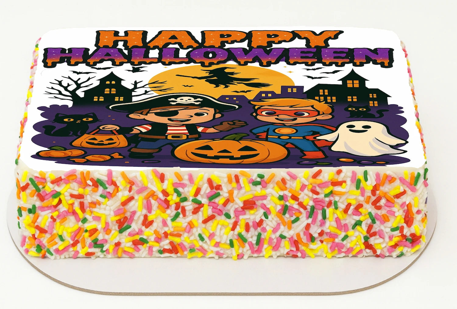 Custom Edible Cake Topper – Halloween Trick or Treat Design – 1/4 Sheet Cake (9x13) – Precut Icing Sheet – RA Pape