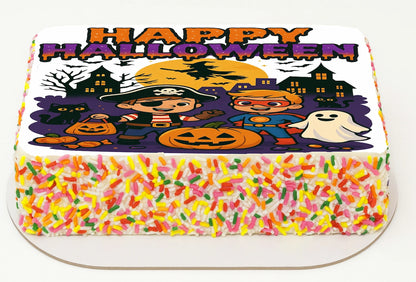 Custom Edible Cake Topper – Halloween Trick or Treat Design – 1/4 Sheet Cake (9x13) – Precut Icing Sheet – RA Pape