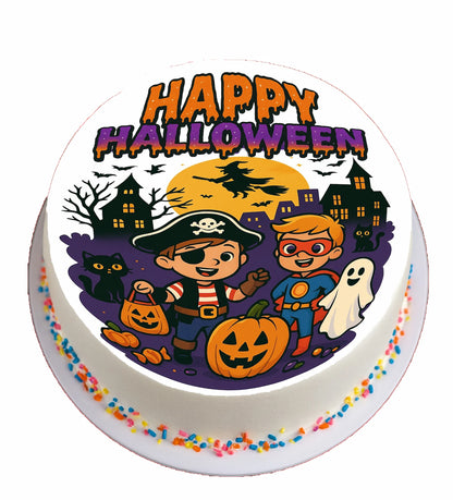 Halloween-themed edible image cake topper with cartoon characters and 'Happy Halloween' text.