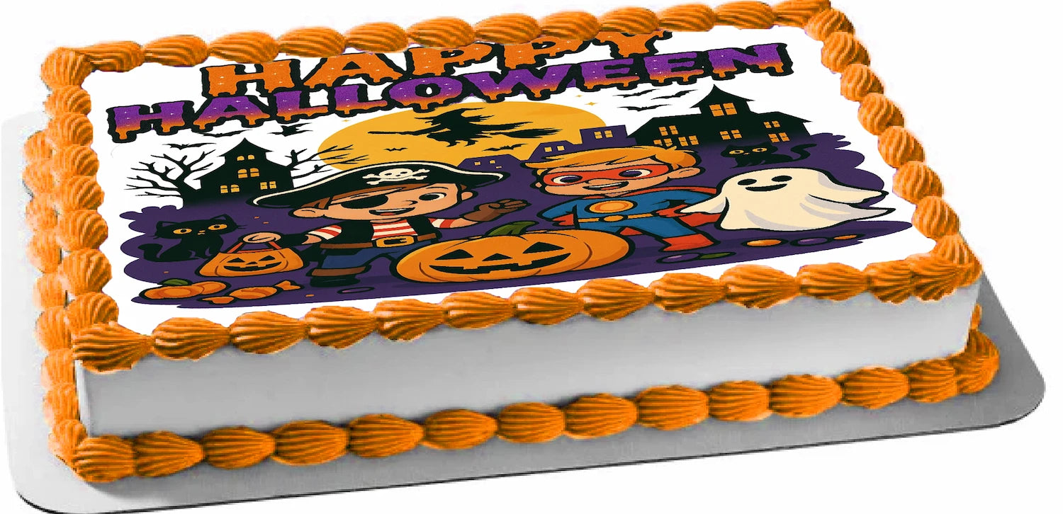 Halloween-themed Icing Images Topper with cartoon characters, pumpkins, and a ghost