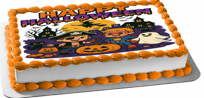 Halloween-themed Icing Images Topper with cartoon characters, pumpkins, and a ghost