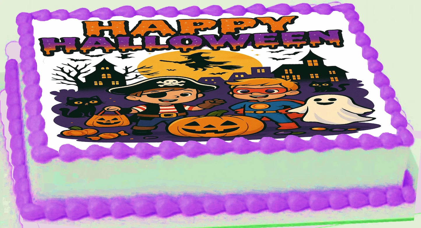 Halloween-themed toppere with decorative icing and 'Happy Halloween' text.