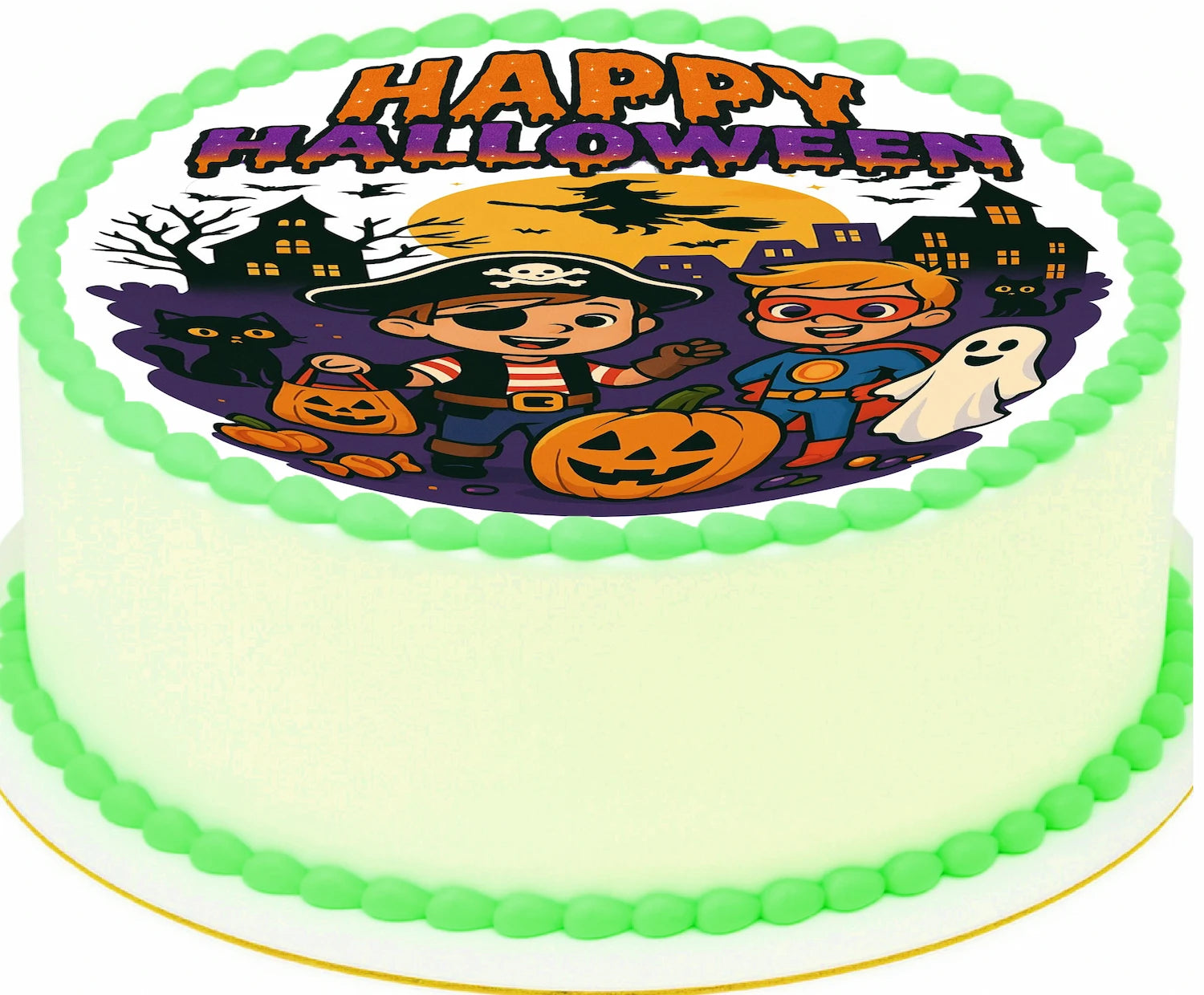 Halloween-themed edible image for cake with cartoon characters and 'Happy Halloween' text.