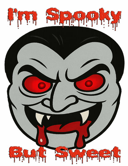 Cartoon vampire face with red eyes and fangs, text 'I'm Spooky But Sweet' edible image