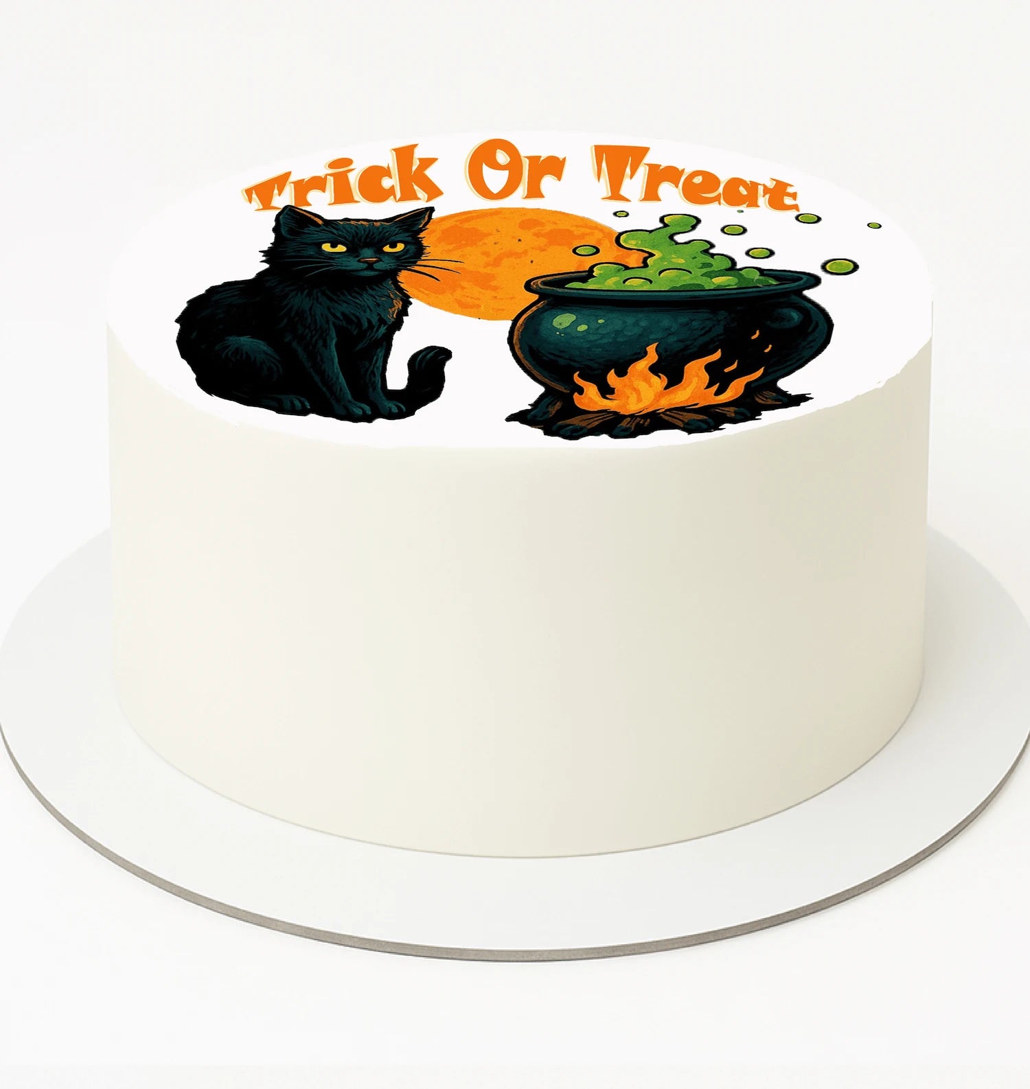 Halloween-themed cake topper with black cat, cauldron, and pumpkin