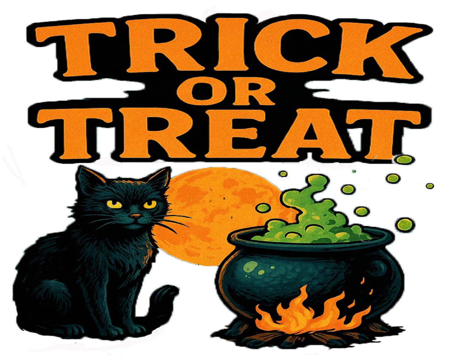 Halloween-themed graphic with black cat, cauldron, and 'Trick or Treat' text edible image cake topper.