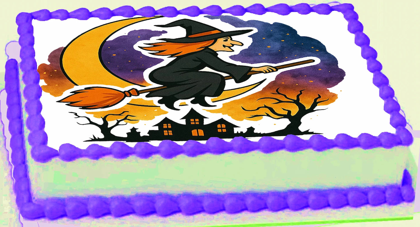 Halloween-themed edible icing image cake with a witch on a broomstick design.